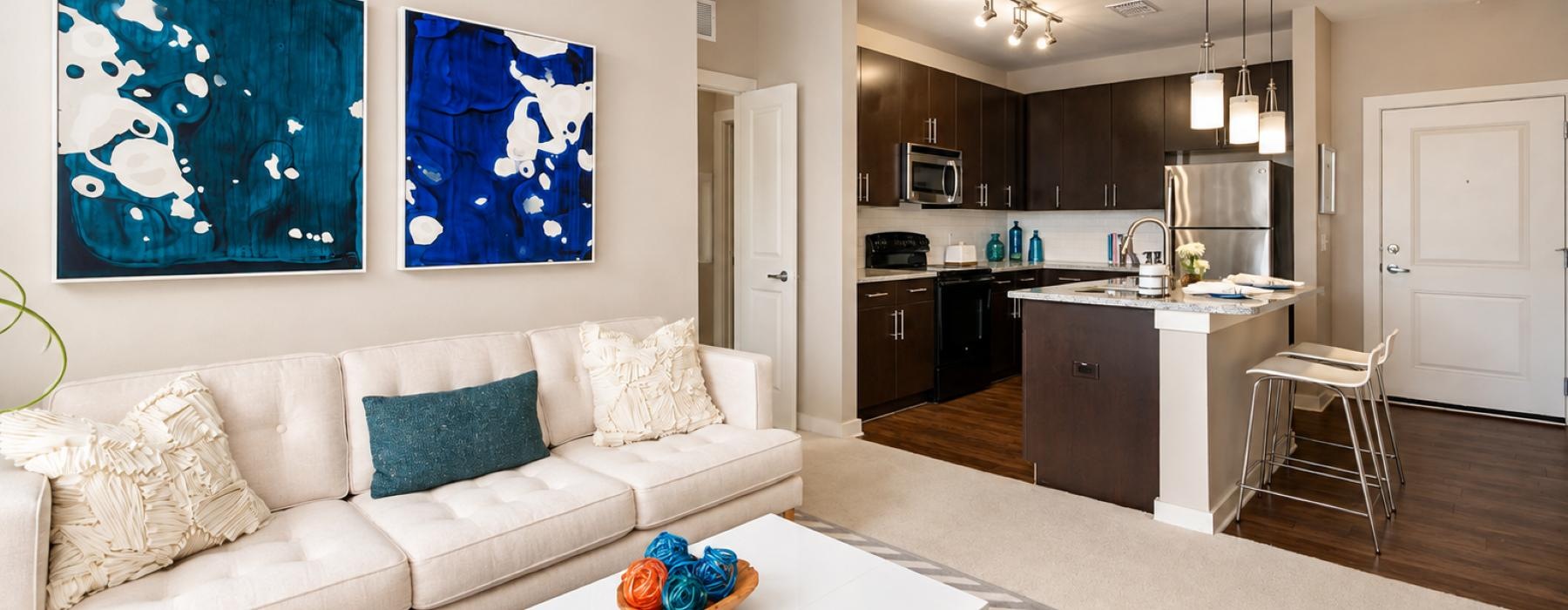 a living room with a couch and a table