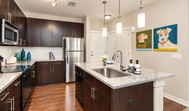 a kitchen with black cabinets