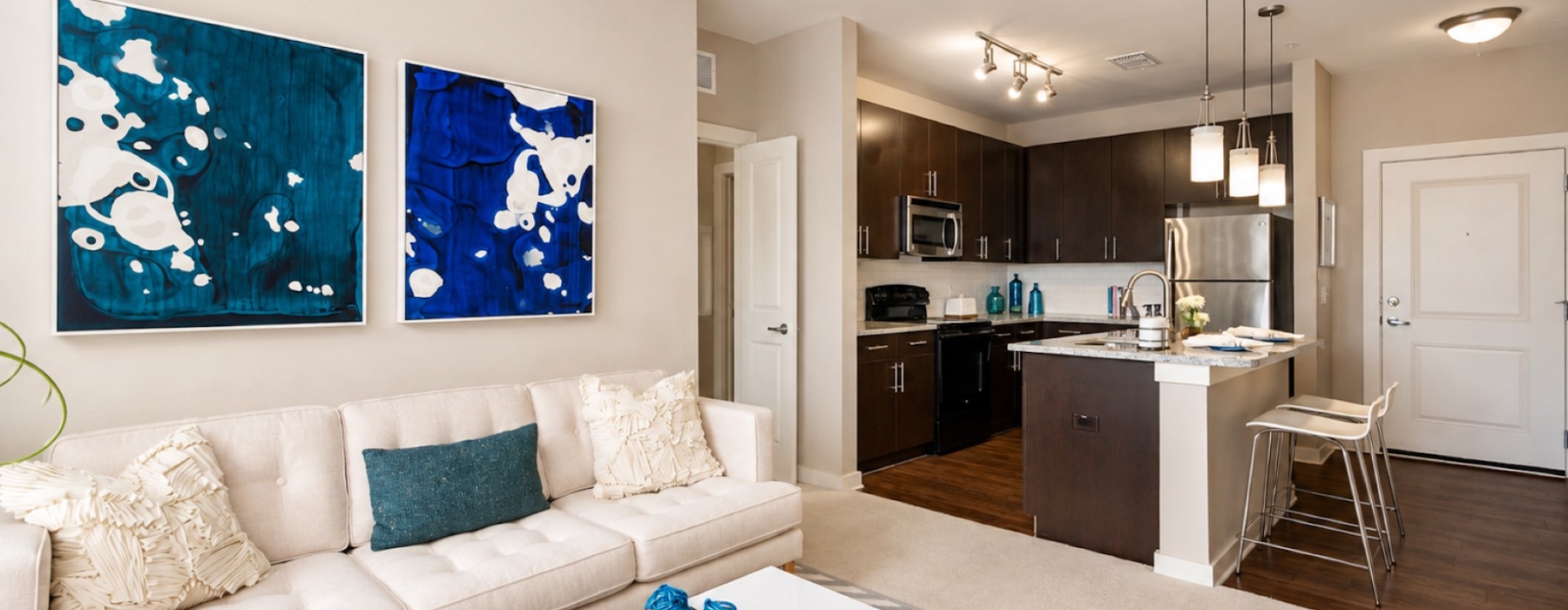 a living room with a couch and a table