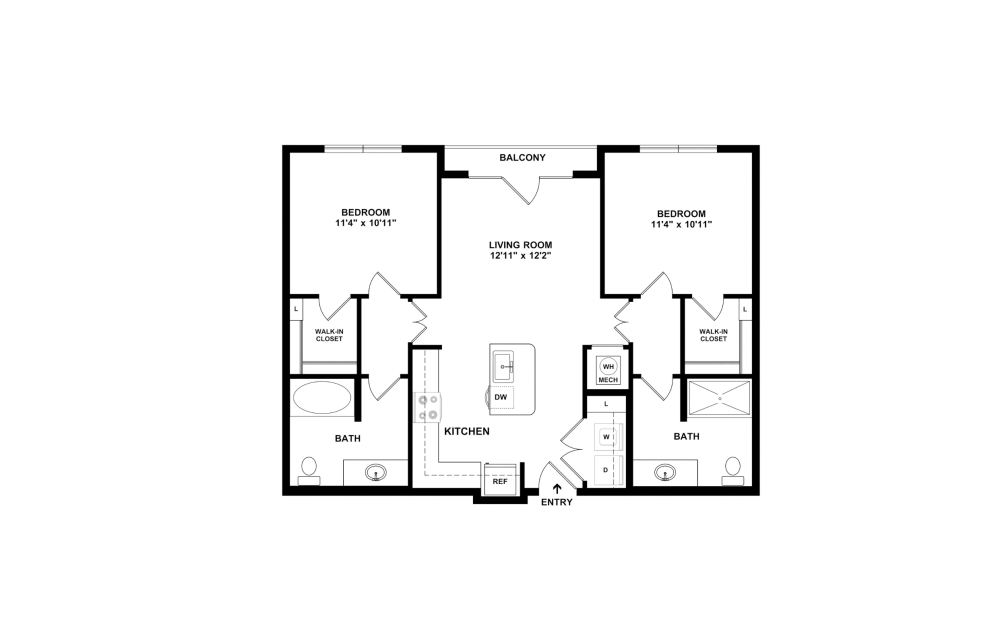 Bayshore - 2 bedroom floorplan layout with 2 bathrooms and 932 square feet (2D)