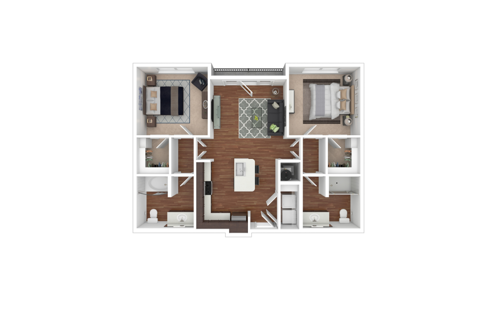 Bayshore - 2 bedroom floorplan layout with 2 bathrooms and 932 square feet