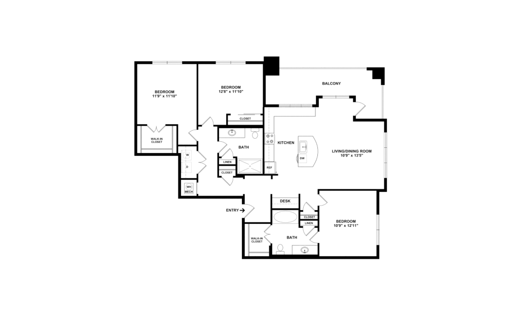 Cedar - 3 bedroom floorplan layout with 2 bathrooms and 1335 square feet (2D)