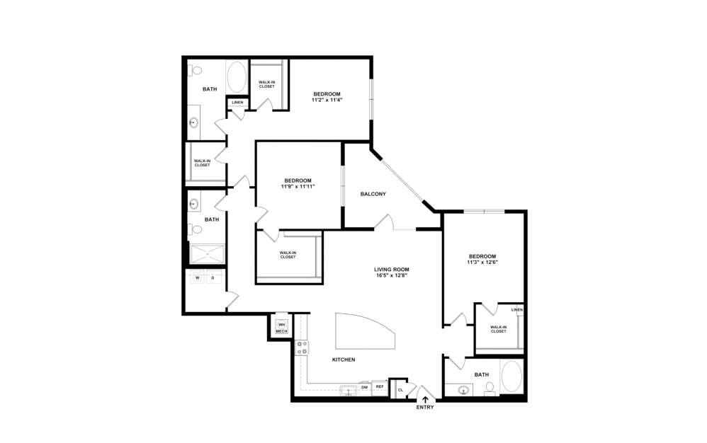 Cleveland - 3 bedroom floorplan layout with 3 bathrooms and 1594 square feet (2D)