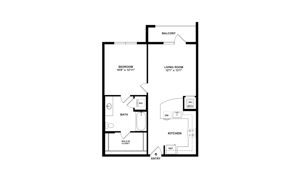 Kennedy - 1 bedroom floorplan layout with 1 bathroom and 676 square feet (2D)