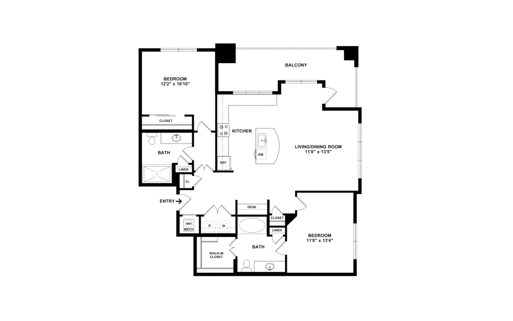 Willow - 2 bedroom floorplan layout with 2 bathrooms and 1069 square feet (2D)
